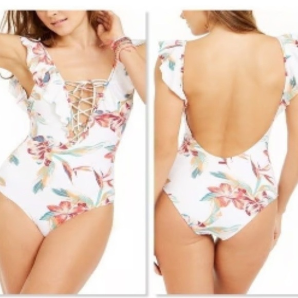 Roxy White Floral Lace Up Front One Piece Swimsuit Size Medium M NWT - Picture 5 of 7